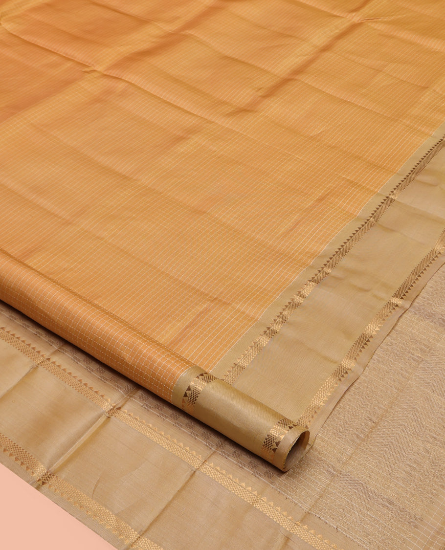 Sandal Mayuri Lite Silk Mix Saree, Detailed with Micro-Checked All Over Its Body, Complemented by a Contrast Rettai Pettu Border of Rekku, Muthu, and Bentex Designs, Pallu of Checked Designs, and Paired with a Contrast Blouse
