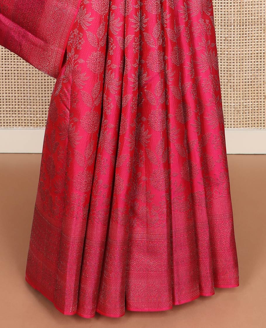 Pink floral jaal jacquard silk saree, self-border & pallu of sparsely zari-woven floral designs