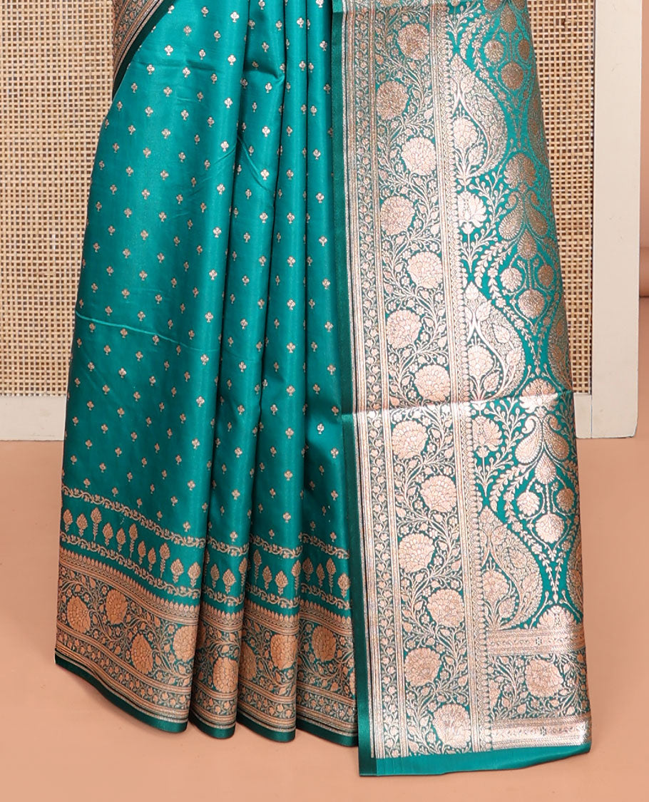 Green Banarasi Nylon Saree, Steeped with Buttas, Floral Creeper Zari Border, Intricate Pallu, and a Matching Blouse
