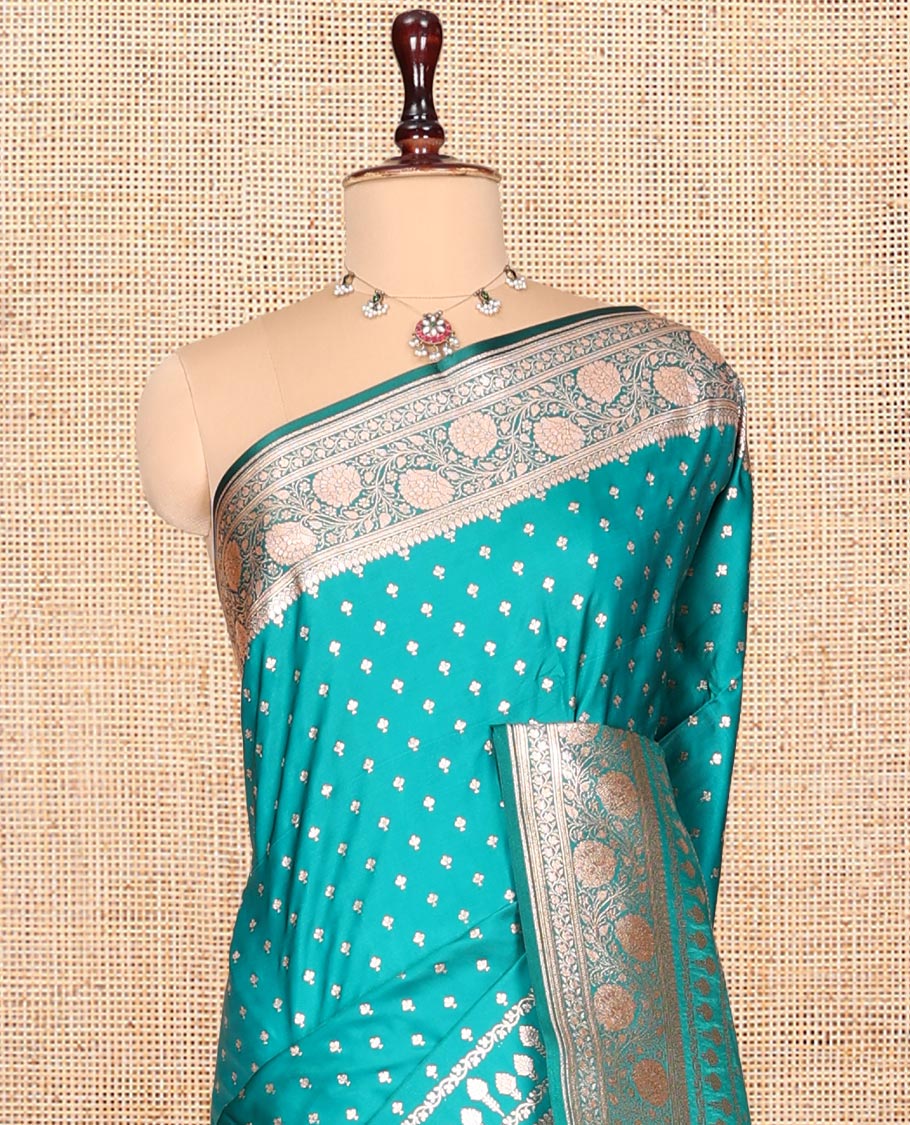 Green Banarasi Nylon Saree, Steeped with Buttas, Floral Creeper Zari Border, Intricate Pallu, and a Matching Blouse