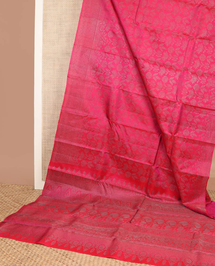 Pink floral jaal jacquard silk saree, self-border & pallu of sparsely zari-woven floral designs