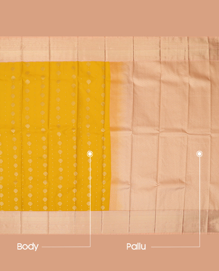 Yellow Budget Silk Saree, Subtly Sparkled with Zari Buttas, a Contrast Traditional Zari Border, Sparsely Woven Pallu, and a Contrast Blouse