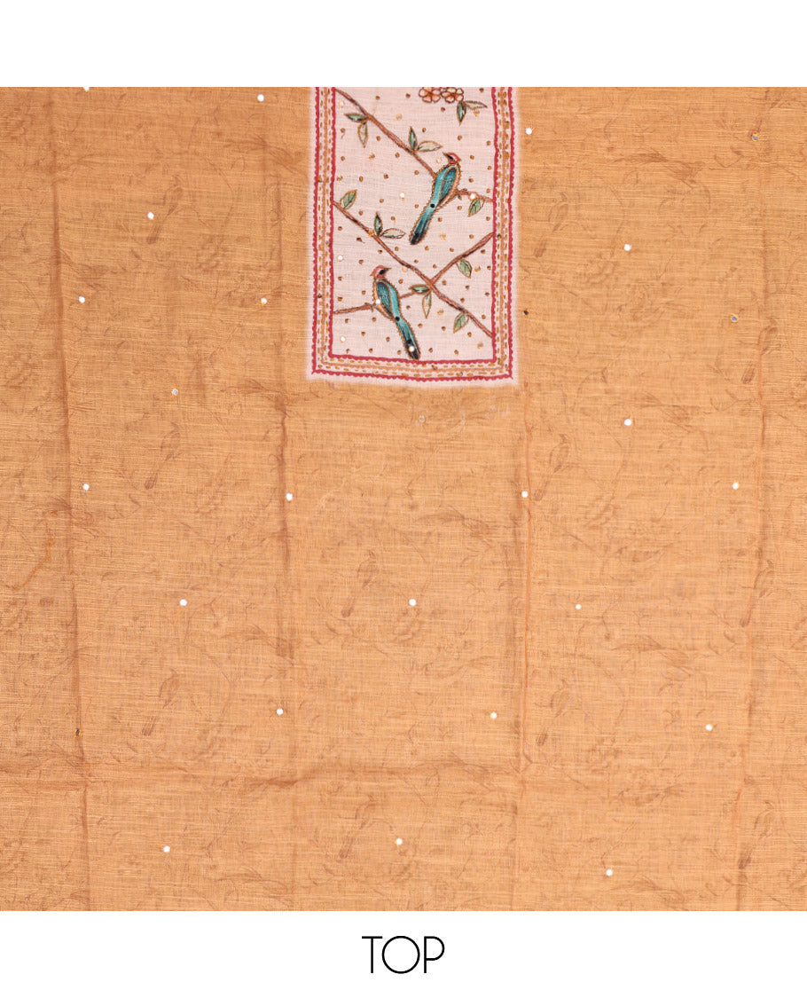 Yellow Material Chudidar Set, Artfully Detailed with Mirror Work and Floral-Bird Print and Embroidered Neck Work Lilan Cotton Top, a Plain Rayon Bottom, and Paired with a Contrast Floral-Bird-Printed Lilan Cotton Dupatta