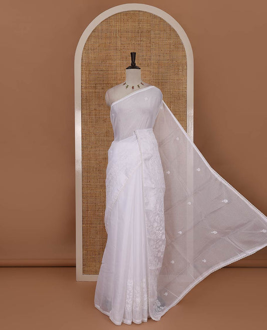 Cream floral motifs chikankari-style embroidered Kota checked saree, embroidered lace border & floral embroidered pallu