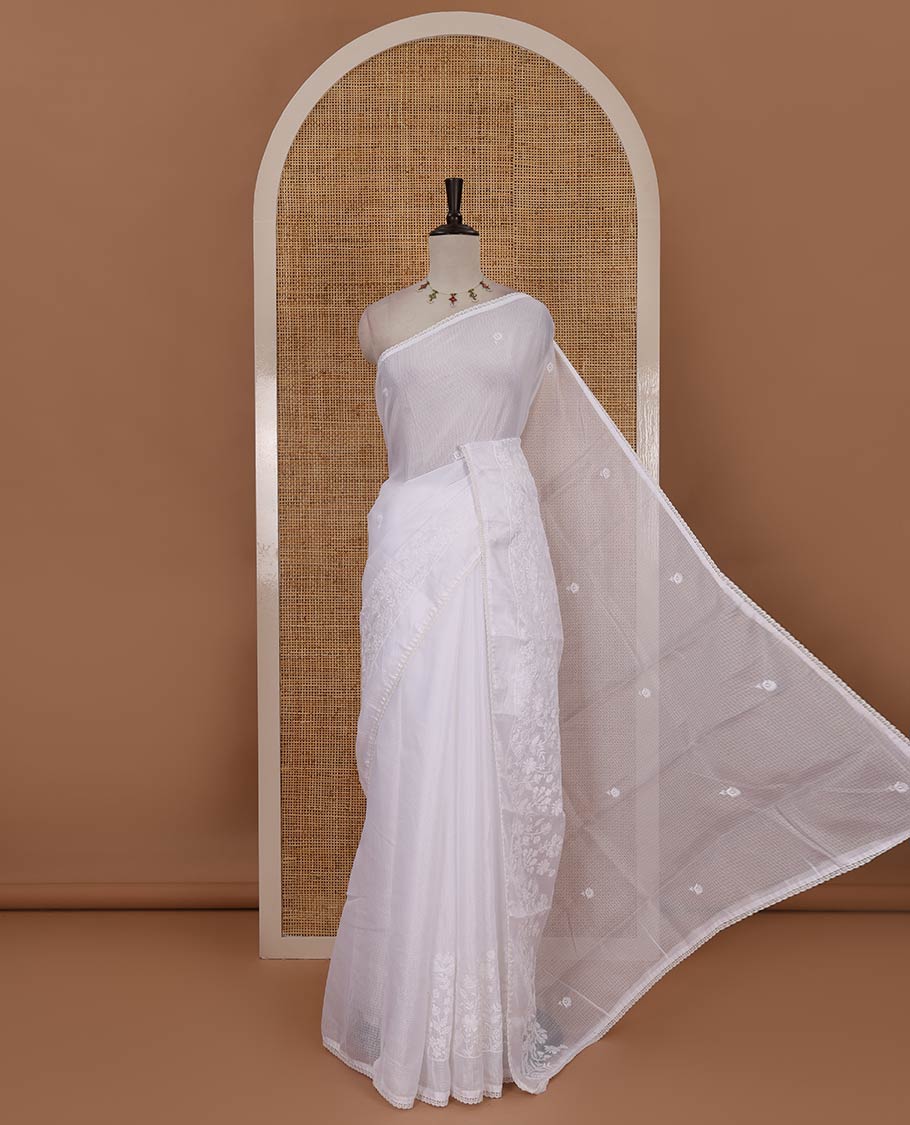 Cream floral motifs chikankari-style embroidered Kota checked saree, embroidered lace border & floral embroidered pallu