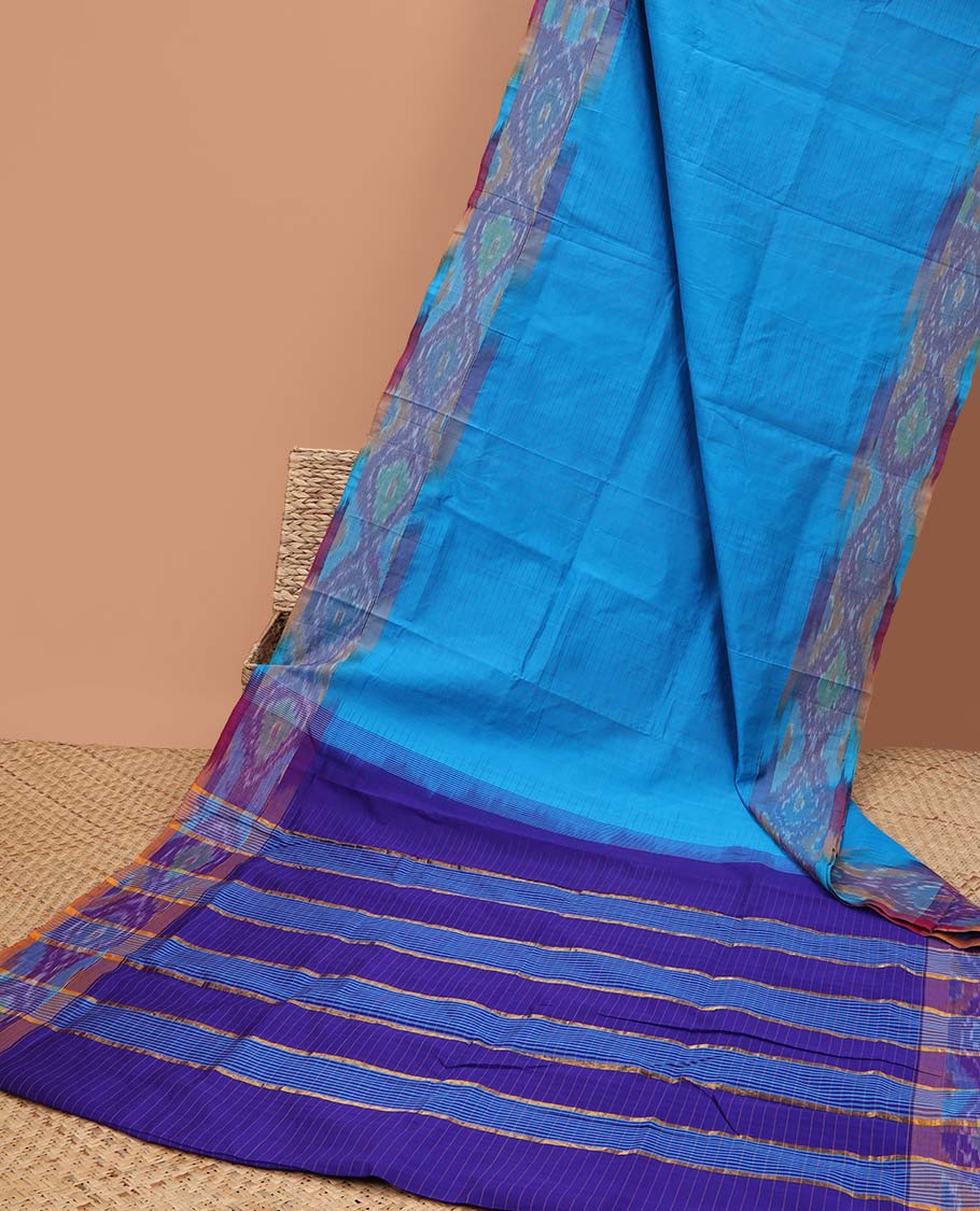 Blue micro-checked kuppadam cotton saree, ikkat border & pallu of stripes