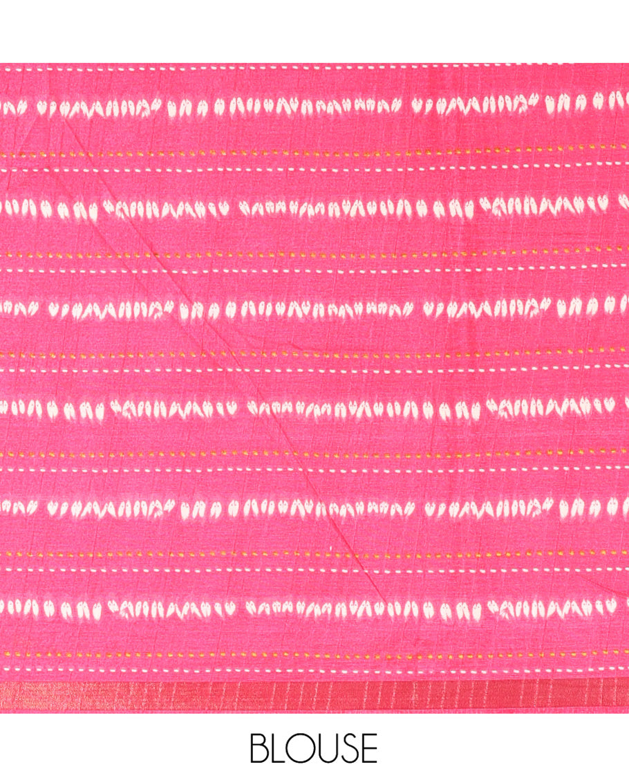 Green Manipuri Silk Saree, Elevated with Bandhani Buttas on Its Body, Complemented by a Contrast Border of Shibori Print and Kantha Thread Work, Pallu of Shibori Print, and Paired with a Contrast Blouse