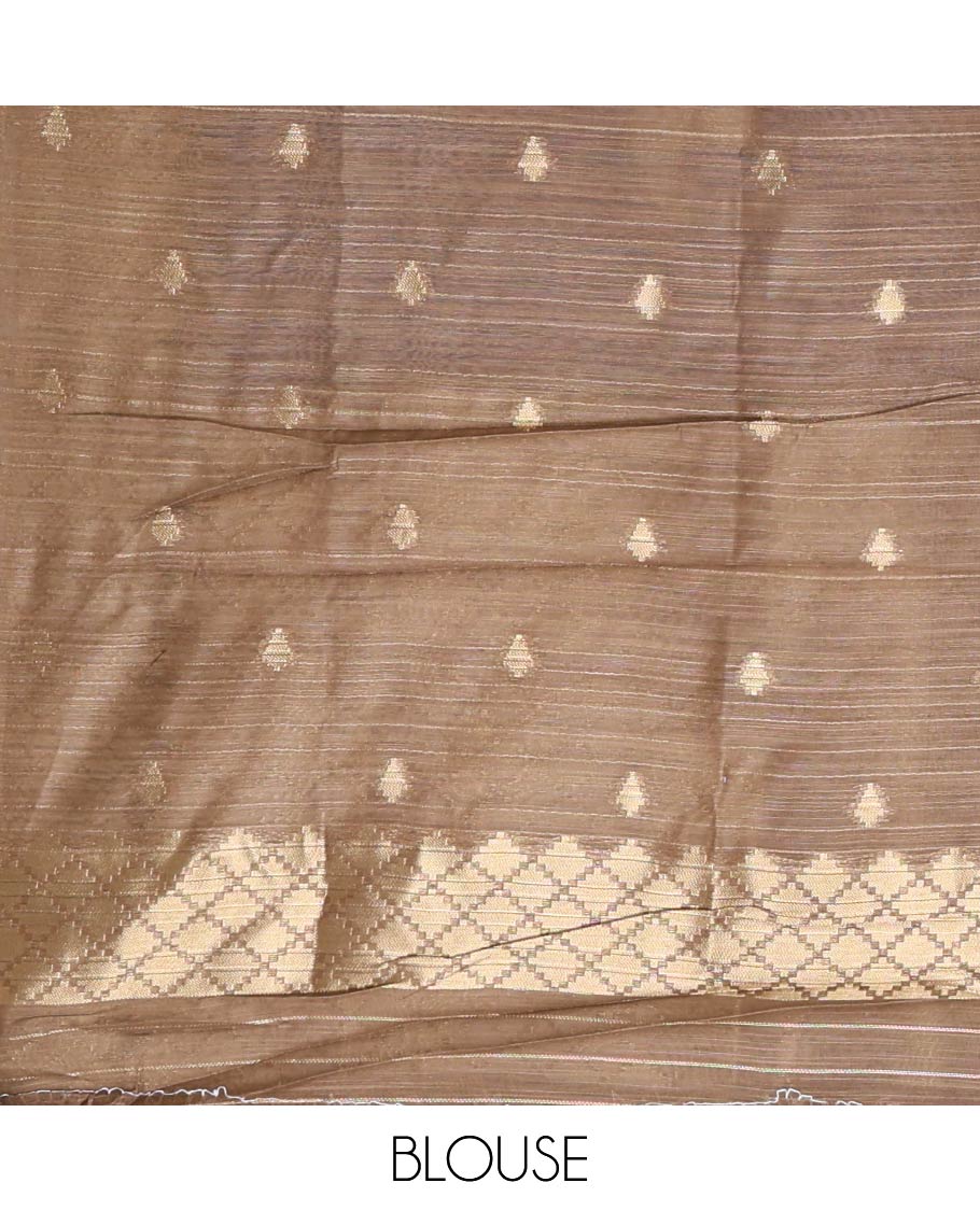 Violet zari jaal-patterned Burberry silk saree, contrast diamond-patterned zari border, jaal pallu & zari design blouse
