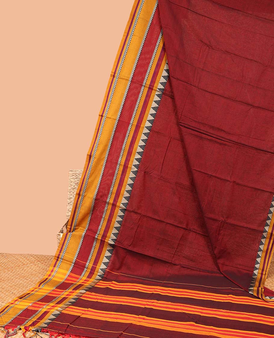 Red plain Narayanapet cotton saree, contrast traditional design border & striped pallu
