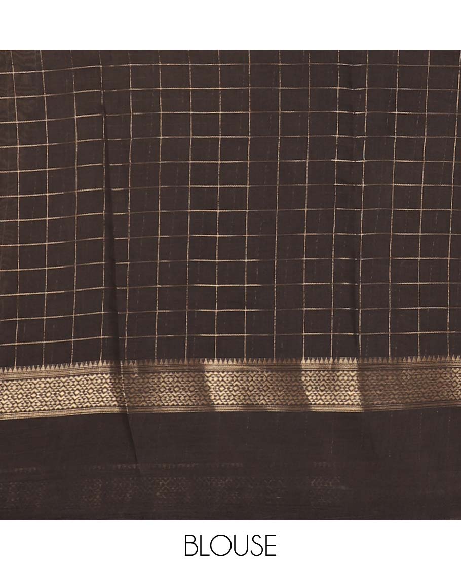 Mustard color checked & floral printed chanderi cotton saree, contrast zari & block printed border of diamond, bentex, floral creeper & paisley design along with zari striped pallu