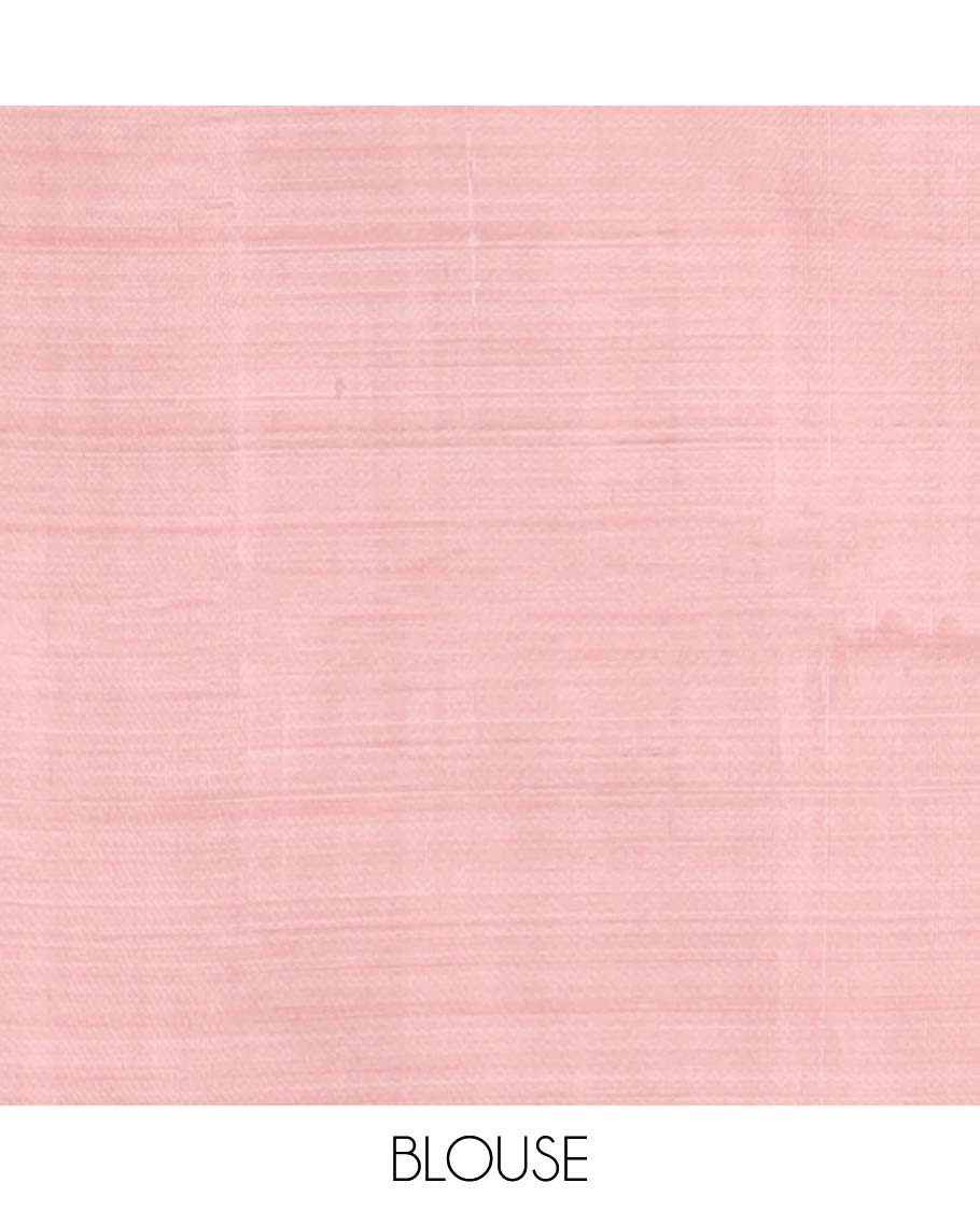 Borderless pink banana pith saree with all-over temple buttas, contrast pallu of stripes