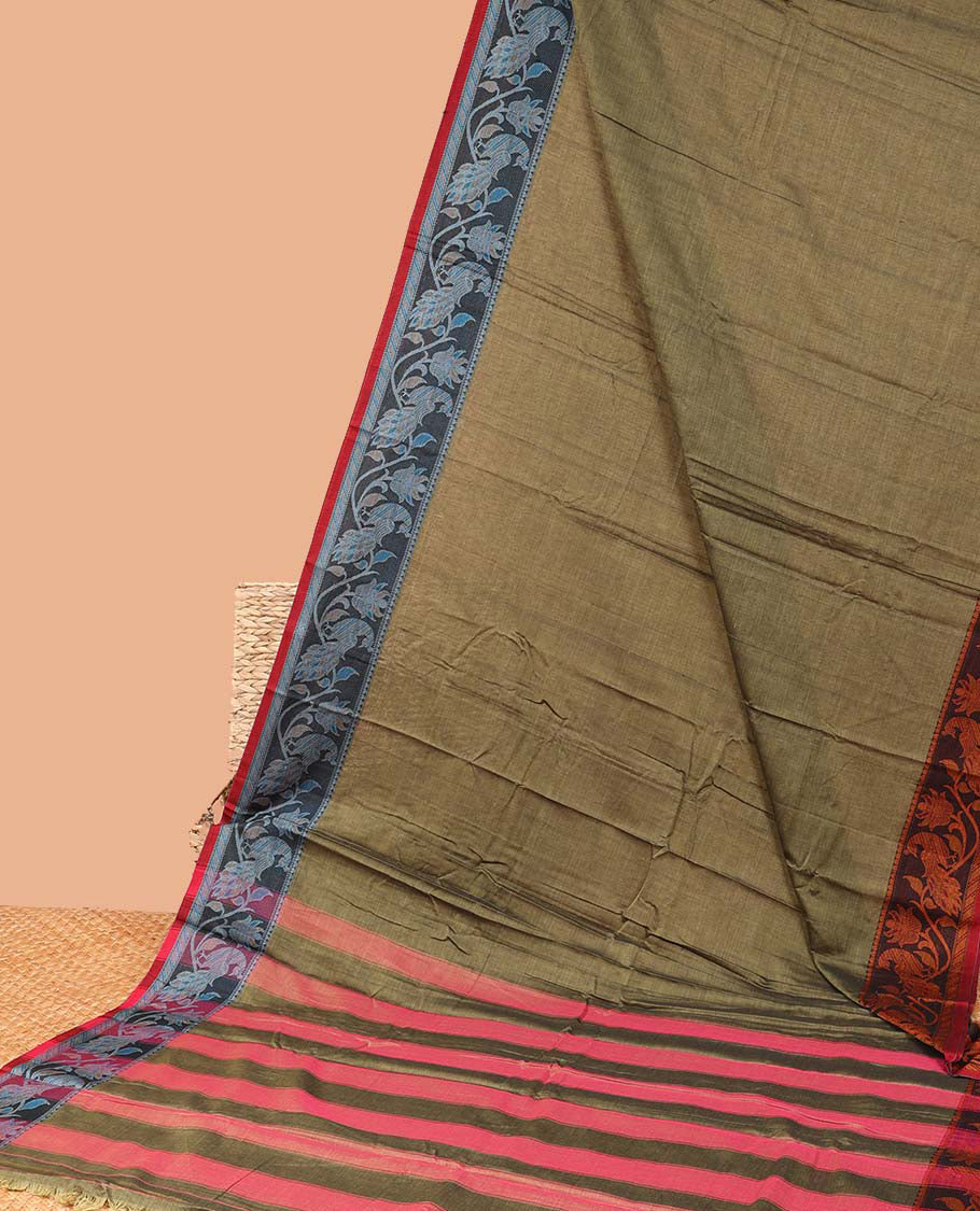Green plain design Narayanapet cotton saree, contrast ganga jamuna leaf creeper border & striped pallu