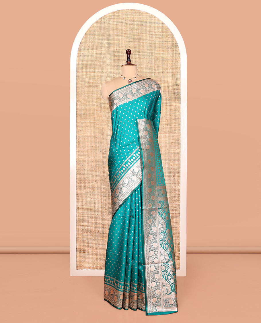 Green Banarasi Nylon Saree, Steeped with Buttas, Floral Creeper Zari Border, Intricate Pallu, and a Matching Blouse