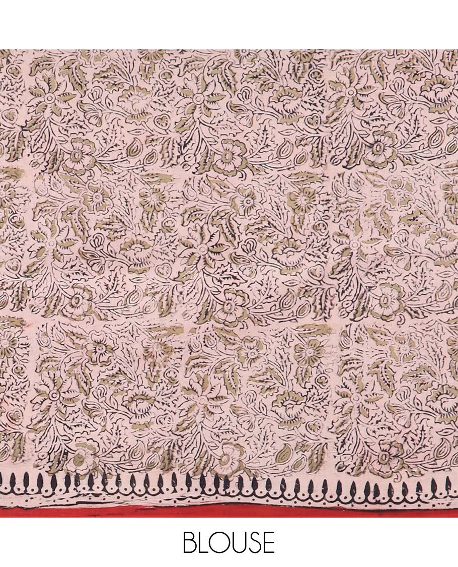 Red floral design machine-printed kalamkari cotton saree with contrast intricate temple design border & floral design pallu