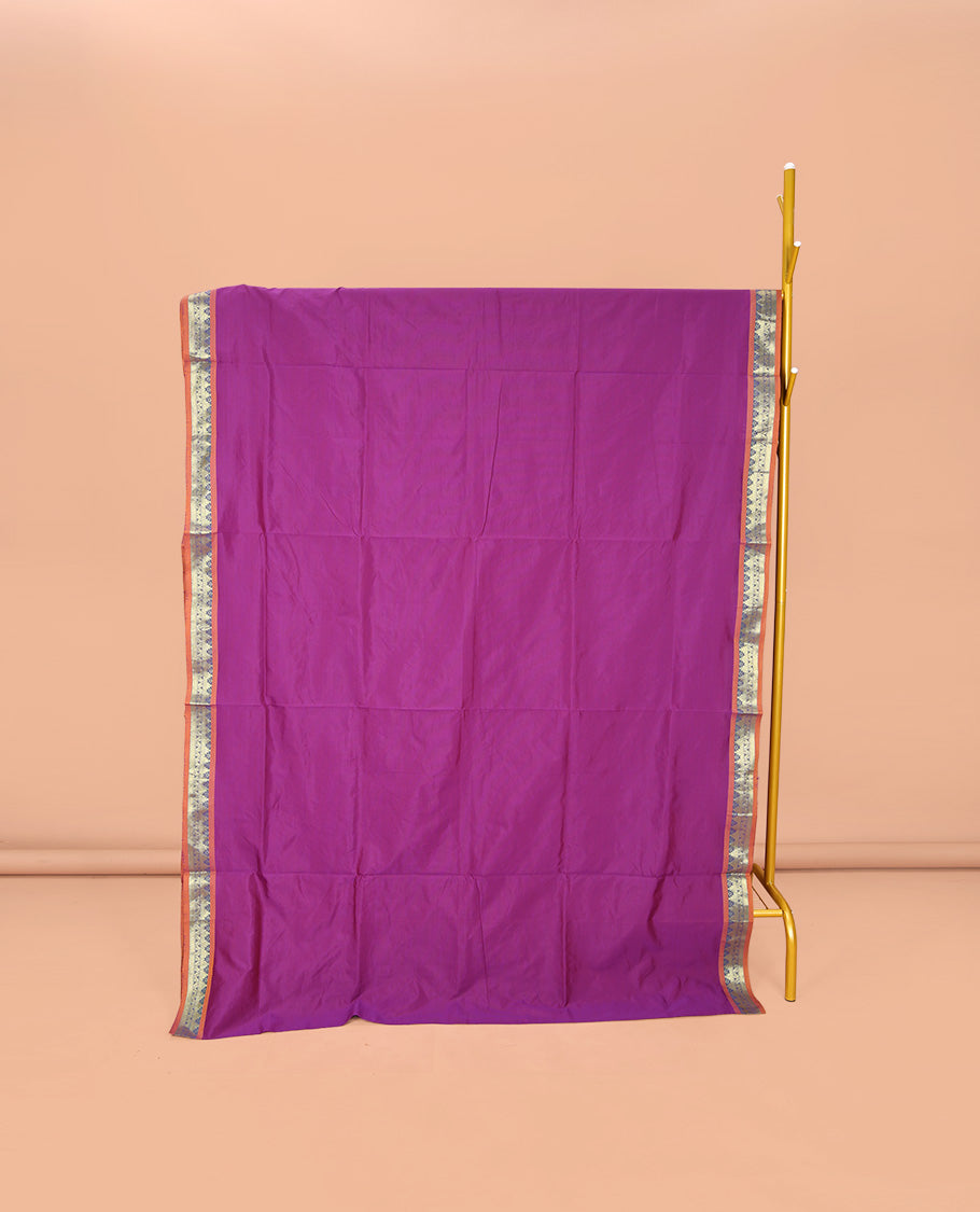 Purple Plain Poly Cotton Saree, Complemented by Contrast Traditional Zari Design Border, Contrast Pallu of Stripes, and Paired with a Contrast Blouse