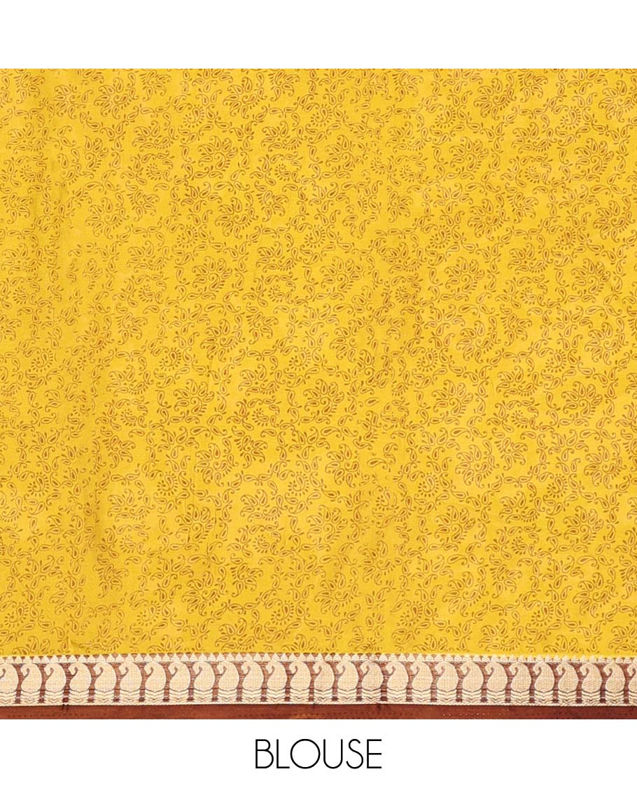 Yellow micro-motifs printed semi-banaras printed saree, contrast paisley border & intricate pallu