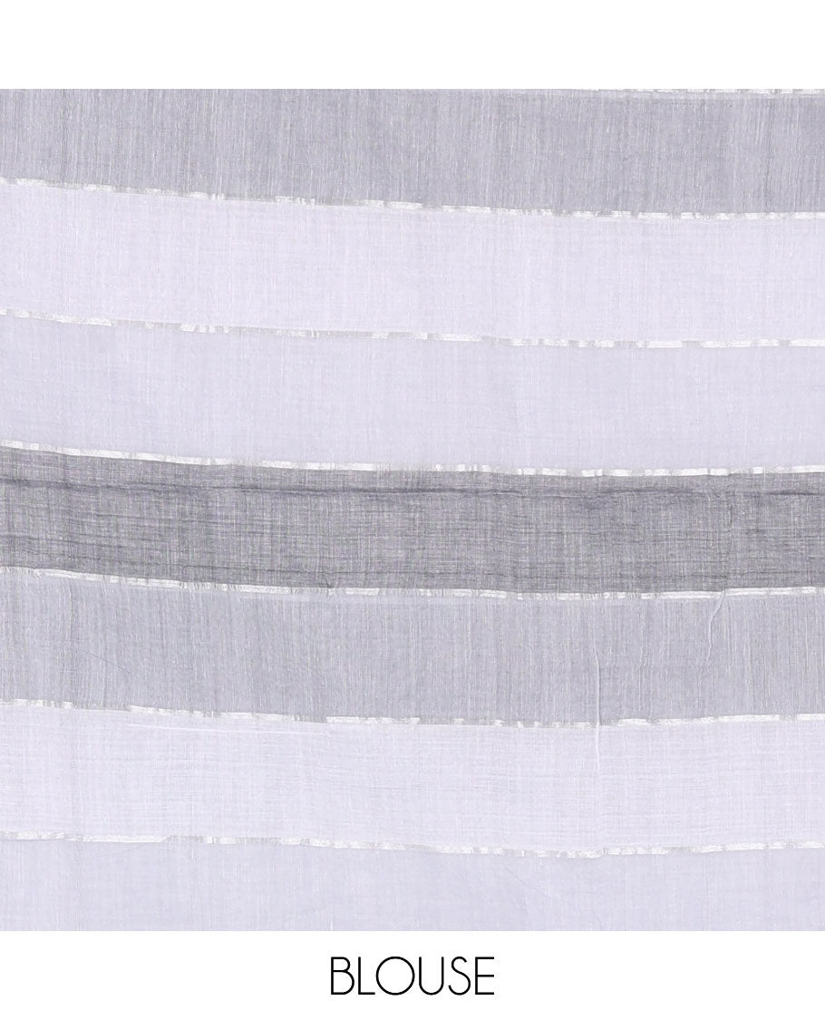 Grey ombre-colored striped khadi mul cotton saree, zari piping border, striped pallu, and a matching striped blouse
