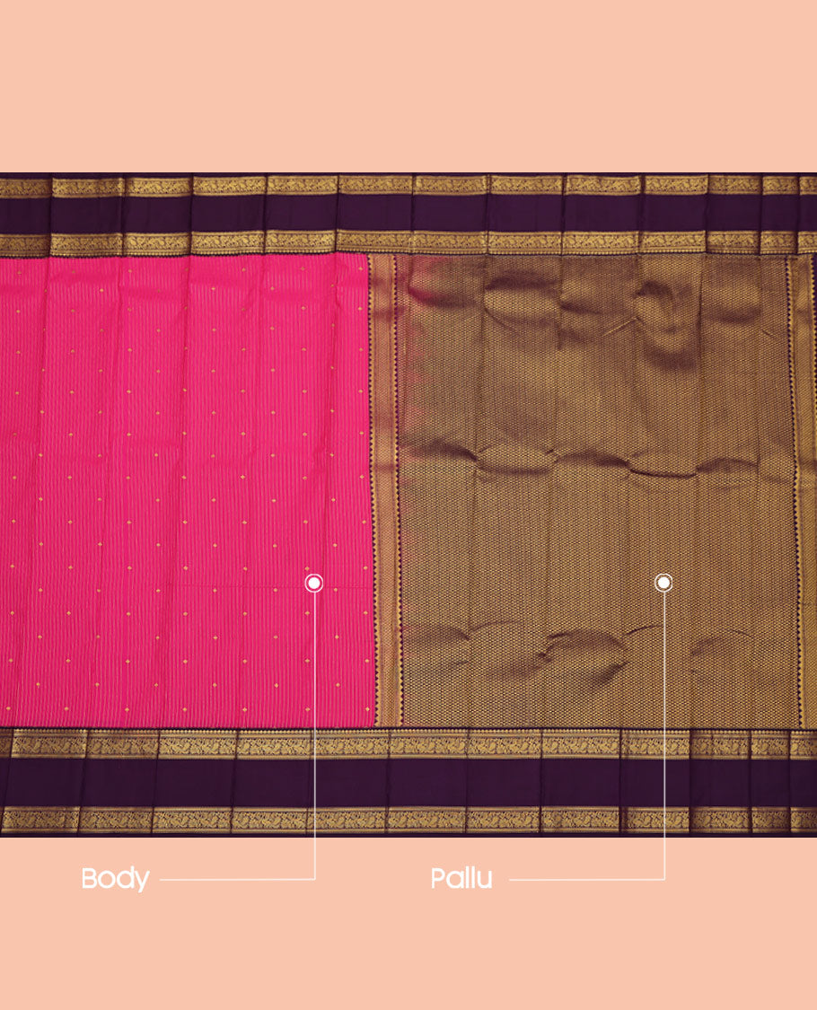 Dark Pink Budget Silk Saree, Bedecked with Zari Buttas and Stripes on Its Body, Complemented by a Contrast Traditional Zari Design Rettai Pettu Border, Grand Jaal Pallu, and Paired with a Contrast Blouse