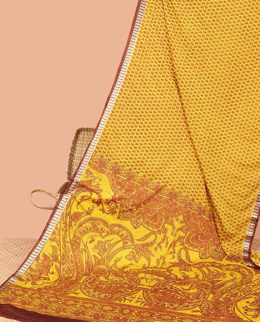 Yellow micro-motifs printed semi-banaras printed saree, contrast paisley border & intricate pallu