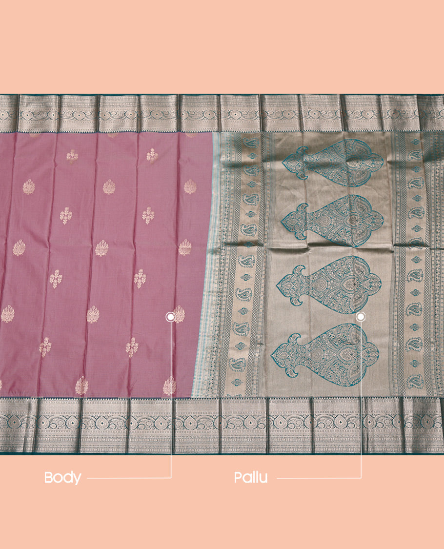 Pink Budget Silk Saree, Detailed with Zari Buttas All Over Its Body, Complemented by a Contrast Traditional Zari Design Rettai Pettu Border, Intricately Designed Pallu, and Paired with a Contrast Blouse