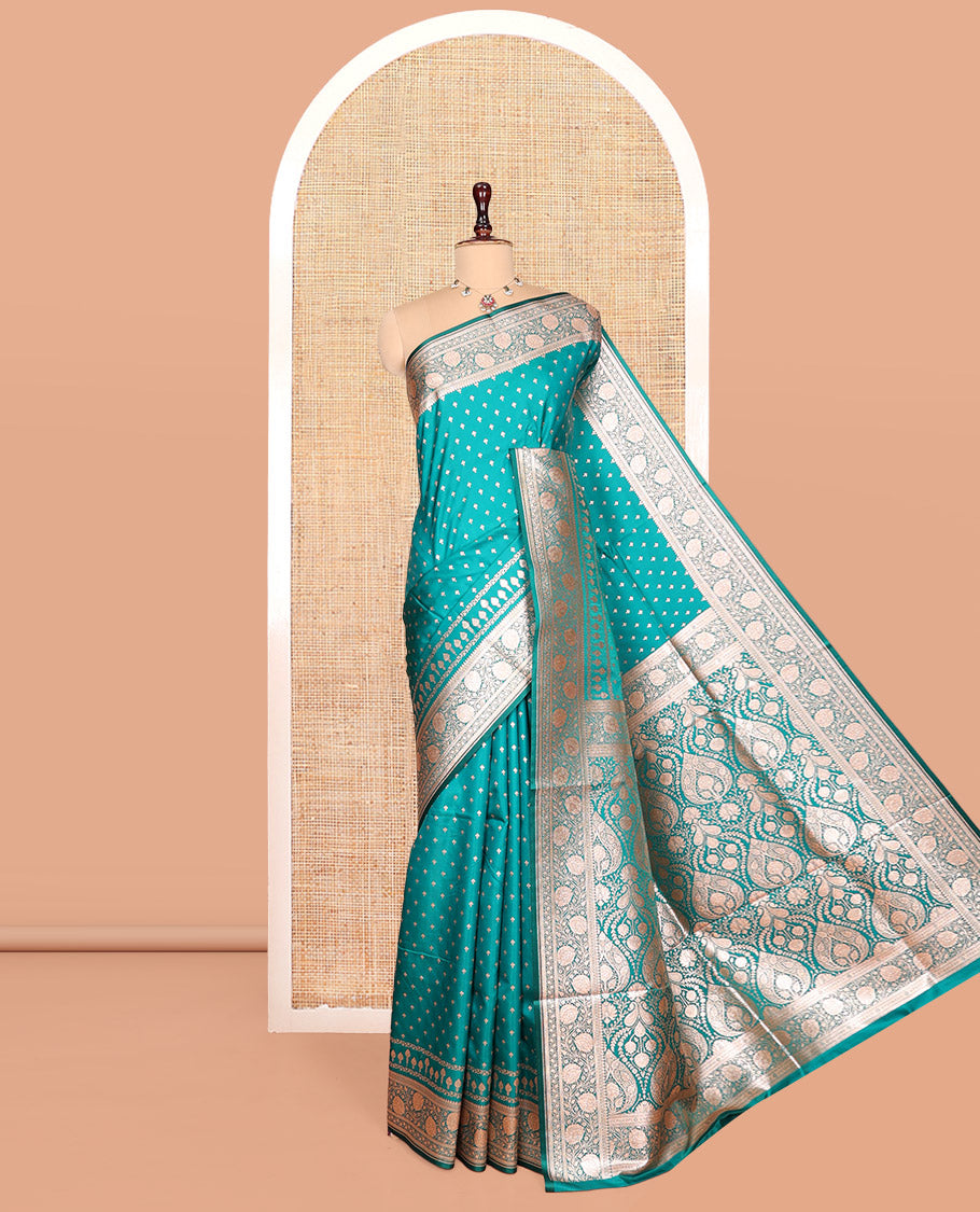 Green Banarasi Nylon Saree, Steeped with Buttas, Floral Creeper Zari Border, Intricate Pallu, and a Matching Blouse