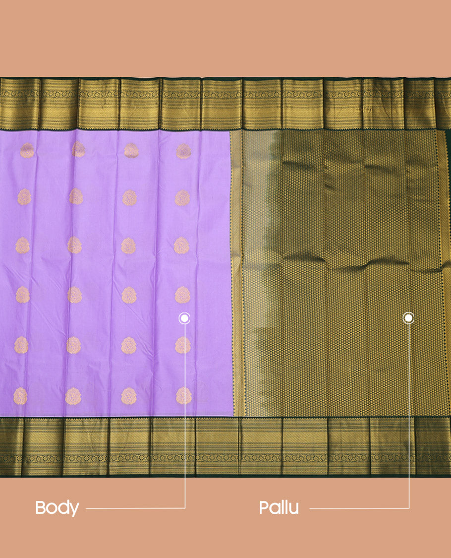 Lavender Budget Silk Saree, Woven with Zari Buttas on Its Body, Complemented by a Contrast Traditional Zari Design Border, Grand Jaal Pallu, and Paired with a Contrast Blouse