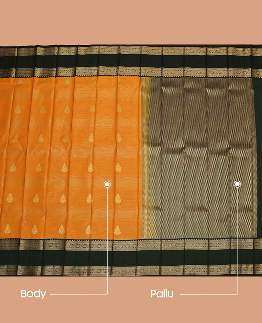 Orange Budget Silk Saree, Steeped in Richness of Zari Stripes and Zari Buttas on Its Body, Complemented by a Contrast Traditional Zari Designs Woven Rettai Pettu Border, Grand Jaal Pallu, and Paired with a Contrast Blouse