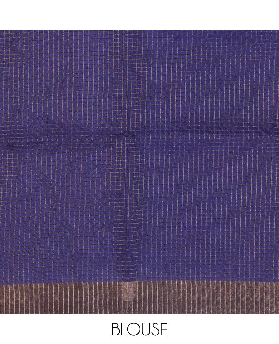 Navy blue zari checked & Pichwai Lotus digital printed semi-tussar saree, gold zari bavanji border & matching zari checked blouse