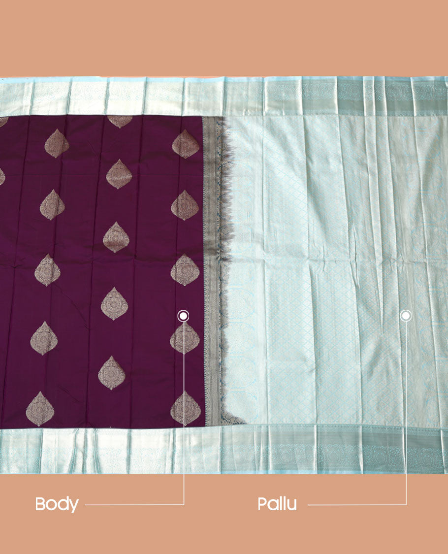 Purple Budget Silk Saree, Elegantly Decorated with Zari Buttas All Over Its Body, Complemented by a Contrast Traditional Zari Design Border, Subtle Jaal Pallu, and Paired with a Contrast Blouse