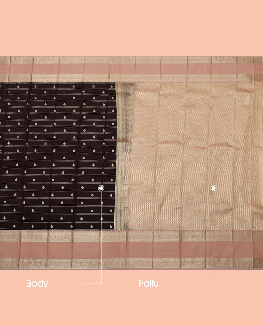 Brown Budget Silk Saree, Delicately Woven with Zari Buttas and Stripes, Complemented by Contrast Traditional Rettai Pettu Border, Grand Pallu and a Contrast Blouse