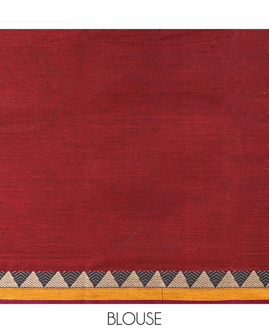 Red plain Narayanapet cotton saree, contrast traditional design border & striped pallu