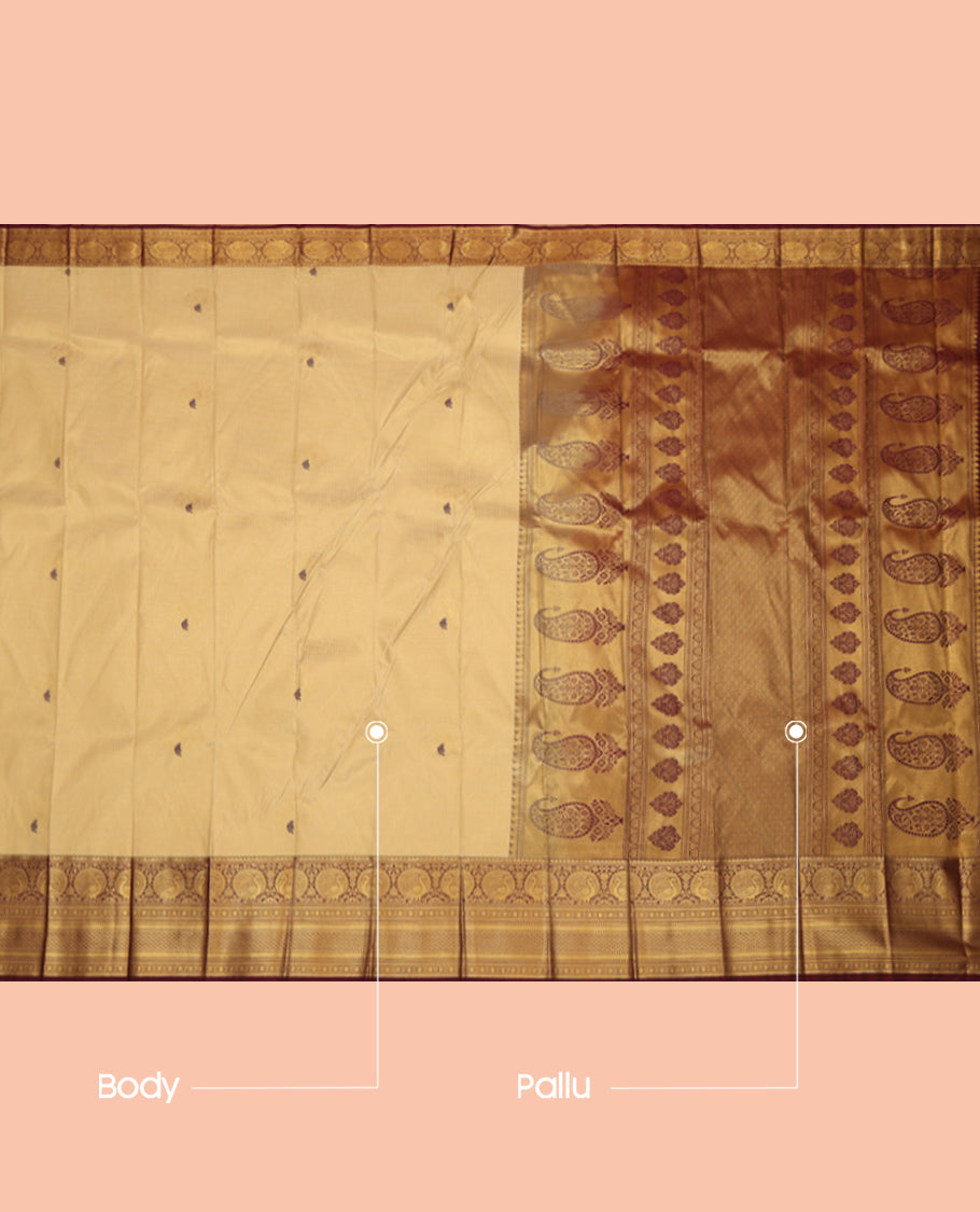 Sandal Budget Silk Saree, Detailed Checks and Buttas, a Contrast Traditional Zari Border, a Grand Pallu and a Contrast Blouse
