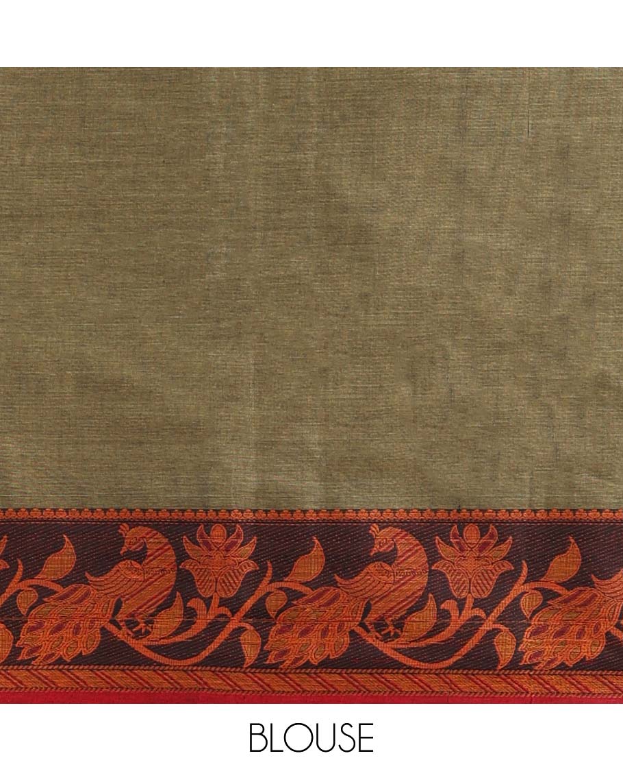 Green plain design Narayanapet cotton saree, contrast ganga jamuna leaf creeper border & striped pallu