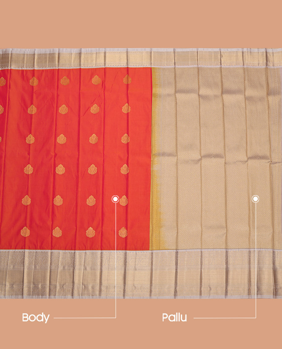 Orange-Pink Budget Silk Saree, Elevated with Zari Buttas on Its Body, Complemented by a Contrast Traditional Zari Border, Grand Pallu, and Paired with a Contrast Blouse