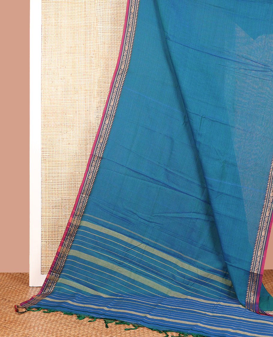 Blue Plain Narayanpet Cotton Saree, Complemented by a Contrast Temple Thread Woven Border of Elephant and Peacock Designs, Subtly Striped Pallu, and Paired with a Matching Blouse