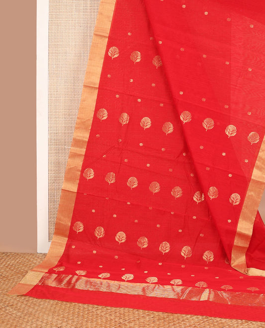 Red  leaf design chanderi cotton saree with contrast zari border & striped pallu