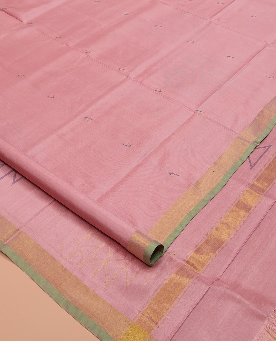 Pink Uppada Silk Saree, Adorned with Buttas All Over Its Body, Complemented by a Contrast Bavanji Border, Pallu of Unique Designs, and Paired with a Matching Blouse