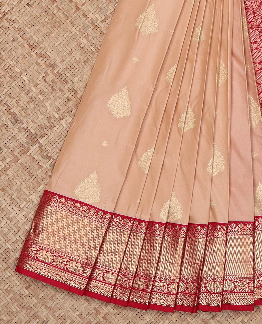 Peach Budget Silk Saree, Delicately Woven with Zari Buttas on Its Body, Complemented by a Contrast Traditional Zari Design Border, Intricately Designed Pallu, and Paired with a Contrast Blouse