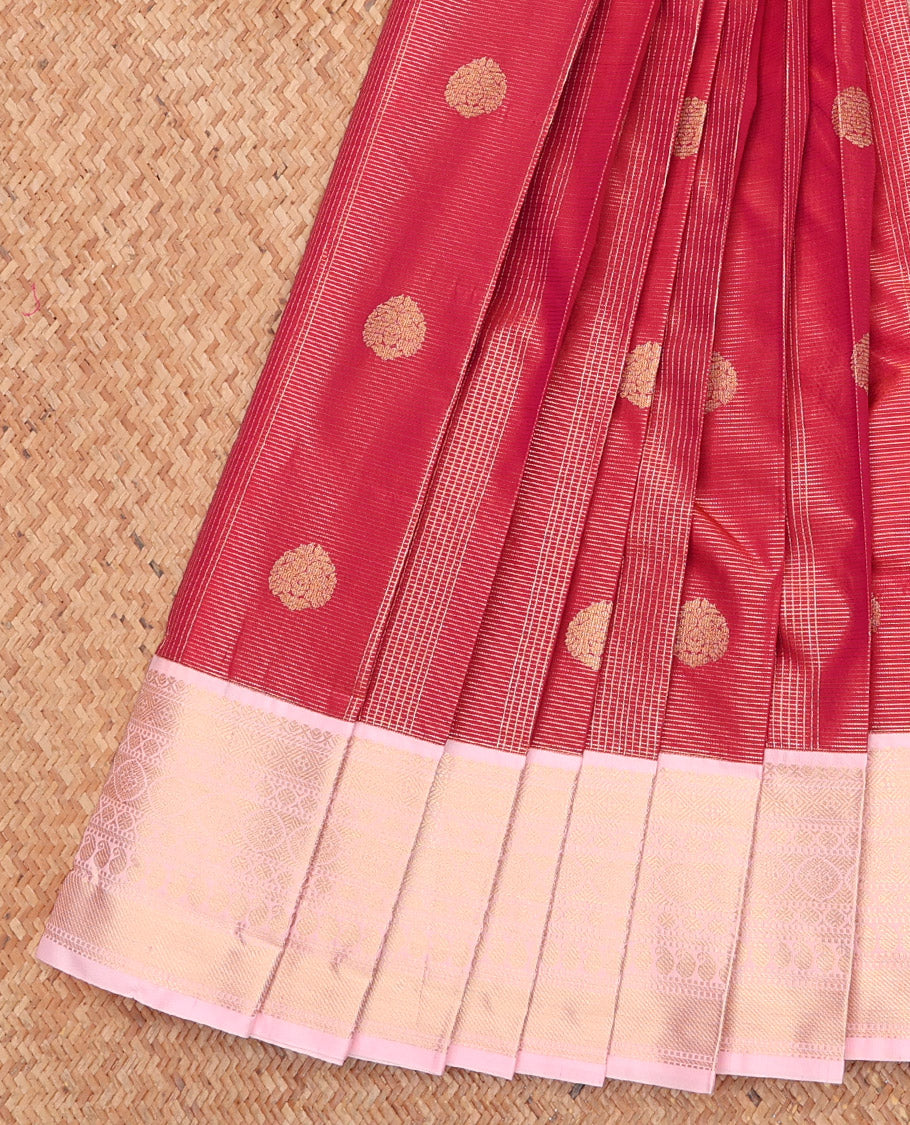 Red Budget Silk Saree, Artfully Detailed with Zari Buttas and Stripes, Complemented by a Contrast Traditional Zari Border, Jaal Pallu, and a Contrast Blouse