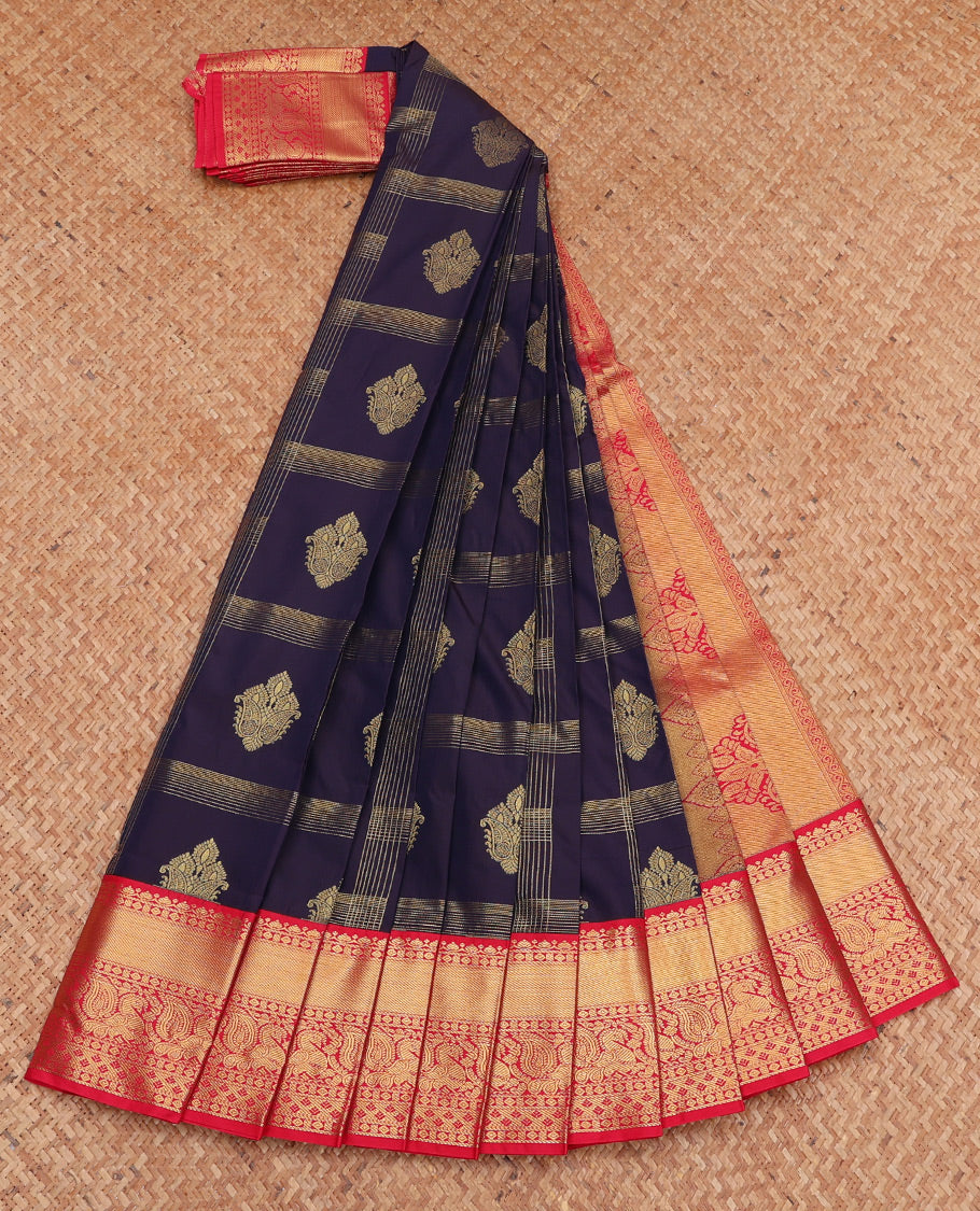 Blue Budget Silk Saree, Spotlighted with Zari Butta Enclosed Checks, Complemented by a Contrast Traditional Zari Border, Grand Pallu, and Contrast Blouse