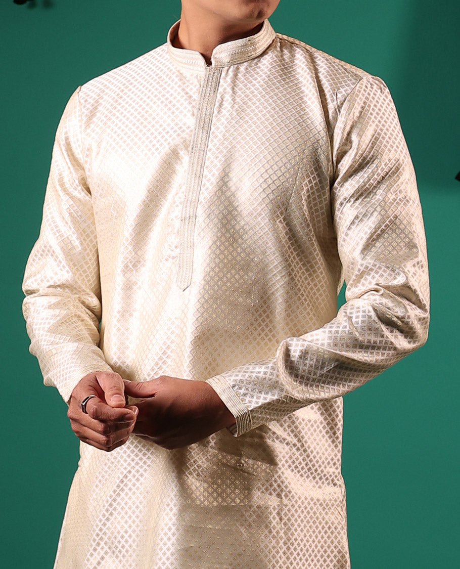 Light sandal white jaal pattern embossed full-sleeved men's kurta