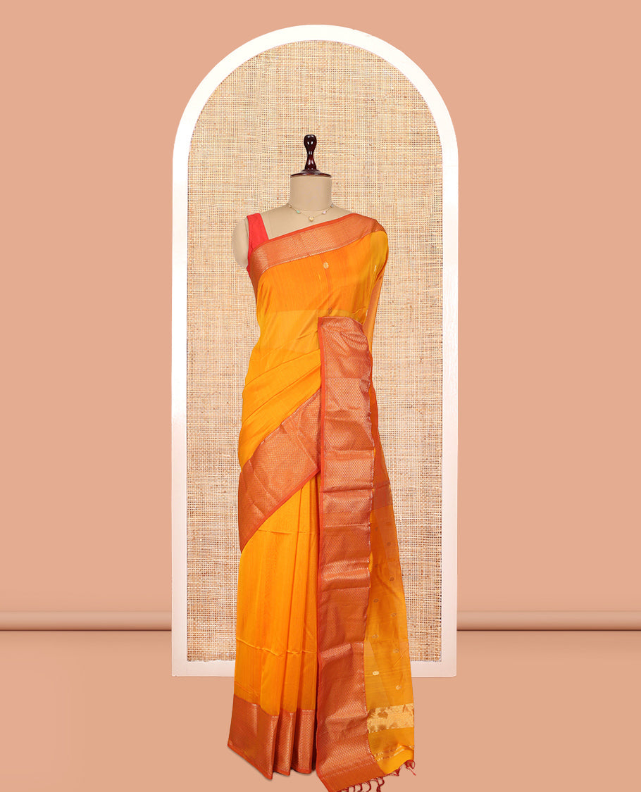 Orange Zari Buttas Maheshwari Cotton Saree, a Contrast Traditional Zari Border, Pallu of Zari Buttas, and a Matching Blouse