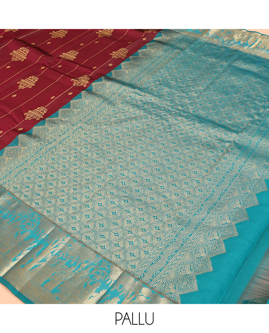 Maroon Vasundhara Lite Silk Mix Saree, Adorned with Zari Designs, Complemented by a Contrast Border of Bridegroom-Themed Designs, Grandly Designed Pallu, and Paired with a Contrast Blouse