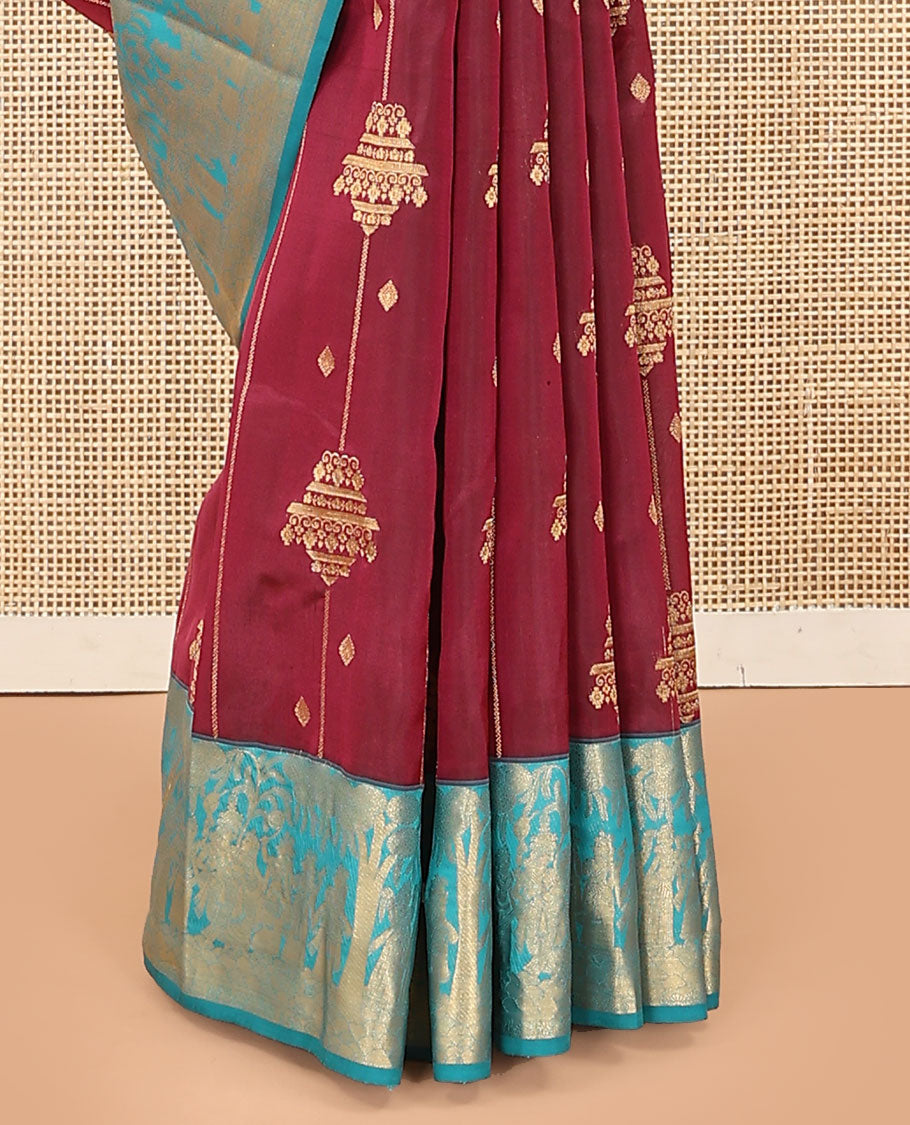 Maroon Vasundhara Lite Silk Mix Saree, Adorned with Zari Designs, Complemented by a Contrast Border of Bridegroom-Themed Designs, Grandly Designed Pallu, and Paired with a Contrast Blouse
