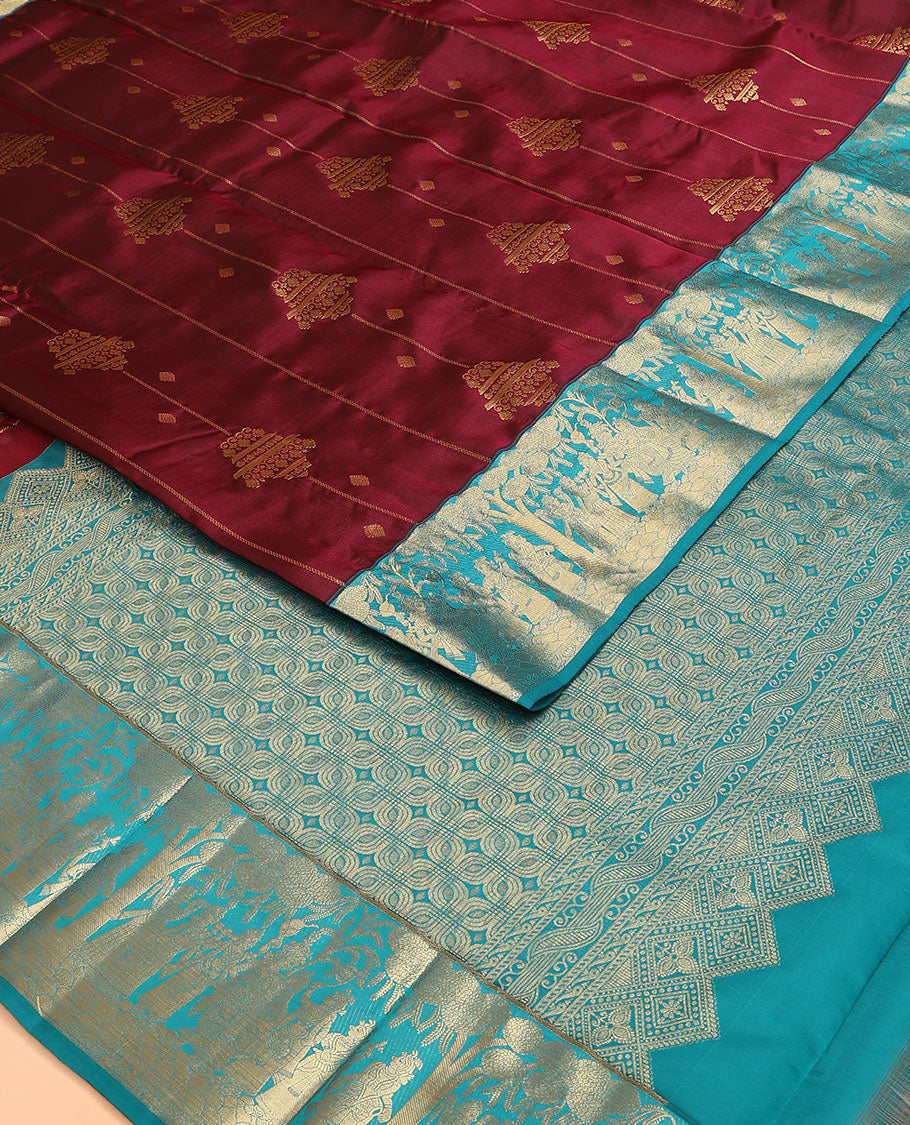 Maroon Vasundhara Lite Silk Mix Saree, Adorned with Zari Designs, Complemented by a Contrast Border of Bridegroom-Themed Designs, Grandly Designed Pallu, and Paired with a Contrast Blouse