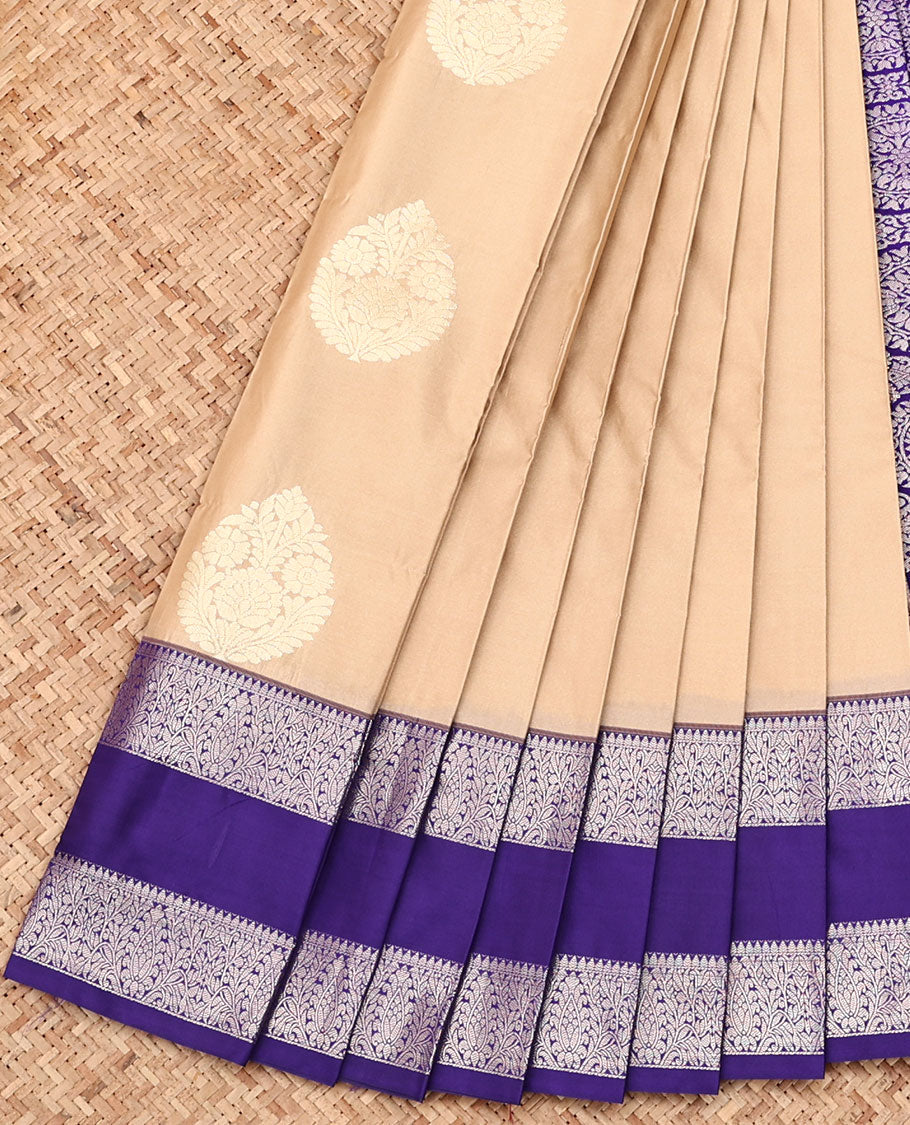 Sandal Budget Silk Saree, Sparsely Woven with Zari Buttas, Complemented by a Contrast Traditional Zari Design Rettai Pettu Border, Intricately Designed Pallu, and Paired with a Contrast Blouse