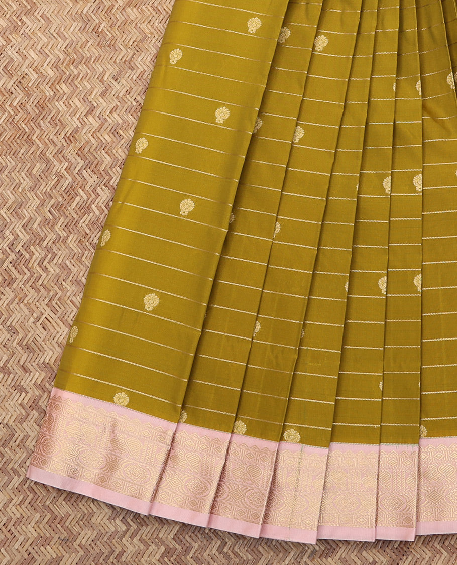 Green Budget Silk Saree, Enriched with Zari Butta and Stripes, Complemented by a Contrast Traditional Zari Border, Jaal Pallu, and a Contrast Blouse