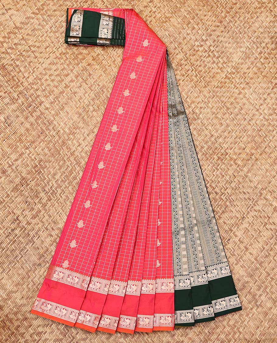 Pink Budget Silk Saree, Finely Crafted with Zari Buttas and Checks, a Rettai Pettu Traditional Border, Complemented by a Contrast Grand Pallu, and a Contrast Blouse