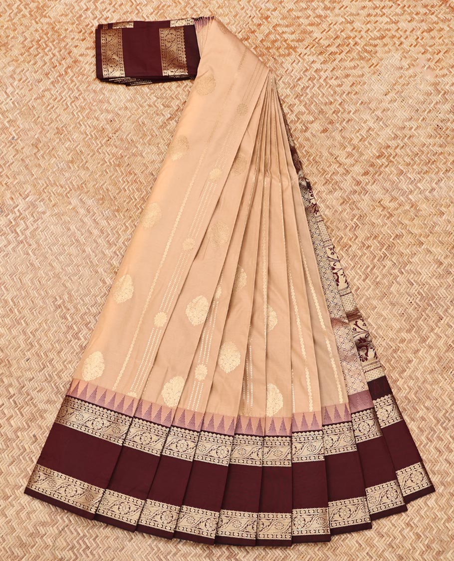Pale Brown Budget Silk Saree Features Zari Buttas, Complemented by a Contrast Traditional Zari Rettai Pettu Border, Jaal Pallu, and Contrast Blouse
