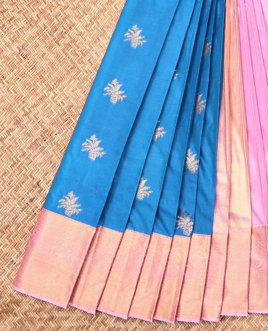 Blue Budget Silk Saree, Ornamented with Zari Buttas, Complemented by Contrast Traditional Zari Border, a Grand Pallu and a Contrast Blouse